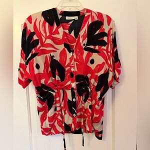 Masai Copenhagen Coral & Black V-Neck Button Front Top with drawstring waist